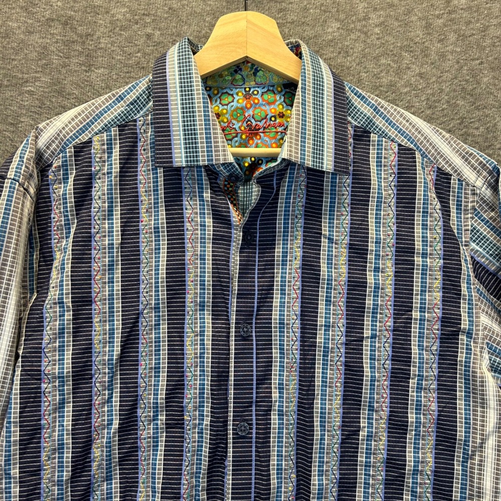 Robert Graham Mens Large Blue Striped Embroidered Button Down Shirt Long Sleeve